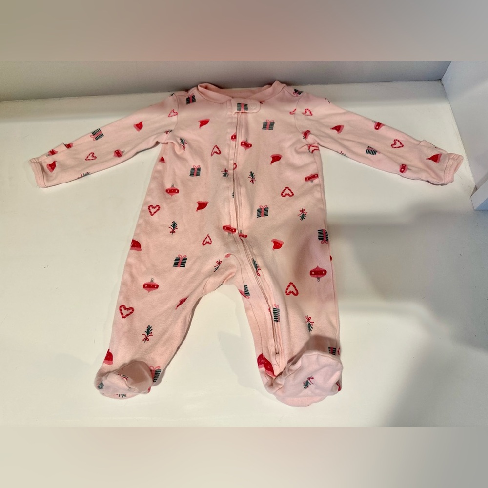 Carter's Festive Pink Holiday Print Footie Onesie Size 3M